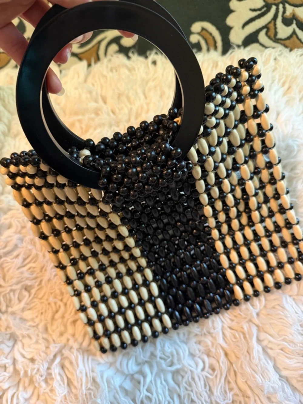 l*space Black and Cream Beaded Mini Handbag with Round Handle - Picture 4 of 4